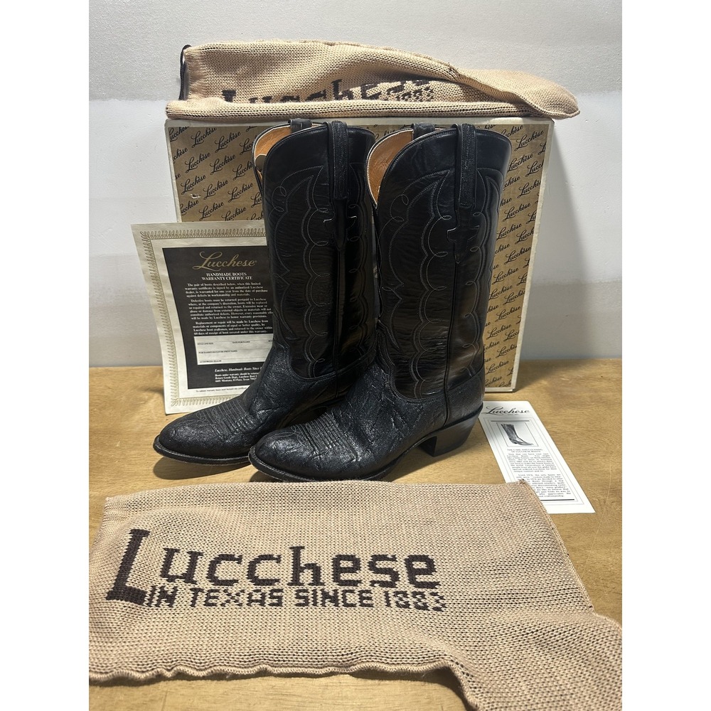 Lucchese African Elephant Boots Vtg Mens Size 8.5 D Black Cowboy USA L640164
